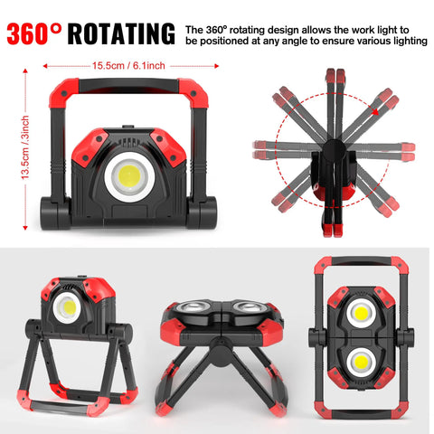 2Pack Rechargeable LED Work Light With Magnetic Bases, 2500LM 6500K, shown in various positions depicting 360-degree rotation.