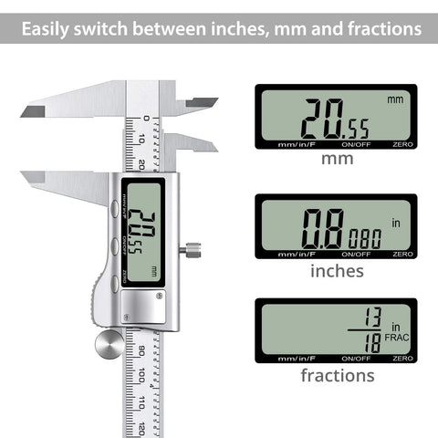 6 Inch Digital Vernier Caliper With Fraction Inch And Millimeter Modes easy one button switch displays mm, inches, fractions