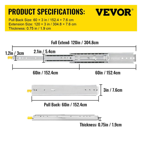 Beefy Heavy Duty Drawer Slides 60 Inch 500 Lb Capacity Full Extension Side Mount Ball Bearing Rails With Dual Lock dimensions