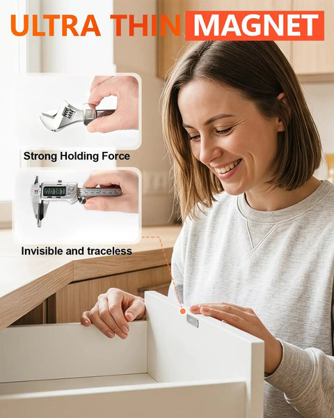 Woman installing 6 Pack Ultra Thin Magnetic Cabinet Door Latches With Strong Hold Adhesive No Drill Install For Kitchen Cabinets.