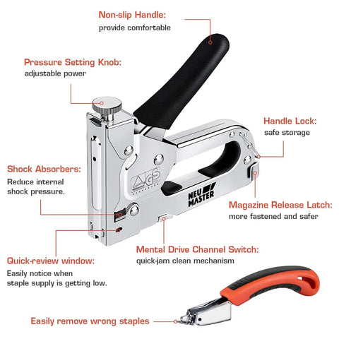Light Duty Stapler Kit With 1600 Pc JT21 Staples Five Sixteenth And Three Eighth Inch All Steel Tacker showing ergonomic features.