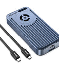 Premium 80Gbps M.2 Nvme Enclosure Featuring Active Cooling Fan And Thunderbolt 5 Usb4 V2.0 Support, blue aluminum design with USB cables.