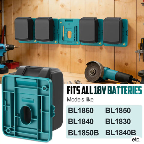 Wall mount hanger for 20V batteries in garage with tools, fits BL1860, battery holder shown, not 3D-printed, impact-resistant