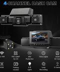 4 Channel Dash Cam With 360 Degree View For All Around Protection And No Blind Spots, multiple cameras, screen display