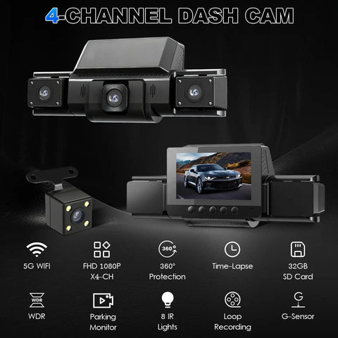 4 Channel Dash Cam With 360 Degree View For All Around Protection And No Blind Spots, multiple cameras, screen display