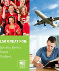 Collage with fans cheering, airplane in flight, man studying with Foam Ear Plugs for Sleep, Travel, and Work, NRR 33.