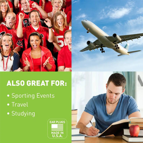 Collage with fans cheering, airplane in flight, man studying with Foam Ear Plugs for Sleep, Travel, and Work, NRR 33.