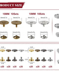 Leather Craft Rivets And Magnetic Snaps Kit With 160 Double Cap 10mm Rivets And 20 Magnetic Buttons In 4 Colors Including 18mm Snap Fasteners For Purses Totes Belts Boots And Other DIY Leather Projects, showing 18mm and 12mm snap sizes from the kit.