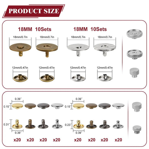 Leather Craft Rivets And Magnetic Snaps Kit With 160 Double Cap 10mm Rivets And 20 Magnetic Buttons In 4 Colors Including 18mm Snap Fasteners For Purses Totes Belts Boots And Other DIY Leather Projects, showing 18mm and 12mm snap sizes from the kit.