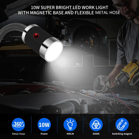 Ultra Bright Magnetic LED Work Light With Flexible And Magnetic Base For Lathe Workbench Sewing Machine Grill And Bandsaw 900 Lumen 10W Shop Tool Lamp Black For Industrial Projects Boss Grade shown illuminating a workbench area.