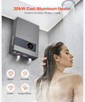 Heavy Duty 36KW Tankless Electric Water Heater 240V with LCD, providing instant hot water in a shower setting.