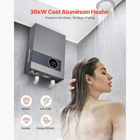 Heavy Duty 36KW Tankless Electric Water Heater 240V with LCD, providing instant hot water in a shower setting.