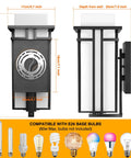 Outdoor Wall Light Modern Aluminum Exterior Lantern With Frosted Glass Weatherproof Wall Mount Fixture For House Porch Garage Patio Fourteen Point Six Inch High Durable Die Cast Aluminum Construction with dimensions and bulb compatibility.