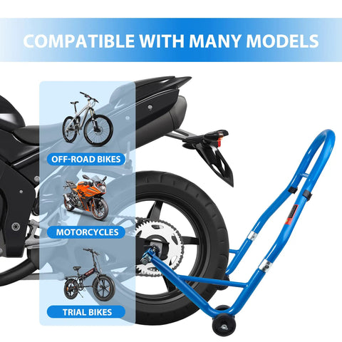 Beefed Up Heavy Duty Motorcycle Stand 850 Lb Capacity Rear And Front Wheel Lift Swingarm Paddock Stands Blue with bike compatibility