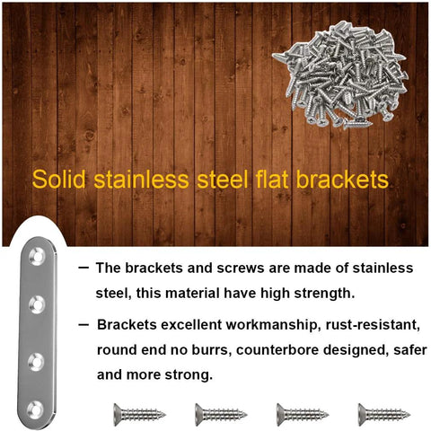 Solid stainless steel flat brackets with screws, highlighting 24 Pack Straight Brace Brackets 3 Inch Stainless Steel Flat Mending Plates.