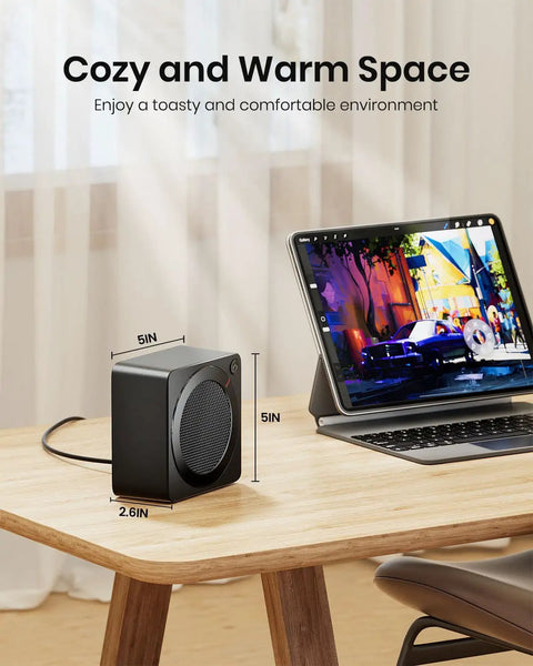 Mini Space Heater For Home And Office Indoor Use Takes The Chill Off Fast PTC Ceramic 500W Energy Efficient Compact Desk Heater on a desk