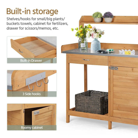 Outdoor Garden Potting Bench With Wood Tabletop And Open Shelf Cabinet Drawer Dope Fir Wood Workstation With storage features.