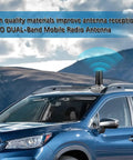 Dual Band Car Ham Radio Antenna With NMO Mount on car roof, 9 cm design, enhancing VHF UHF signal for vehicles, landscape background.