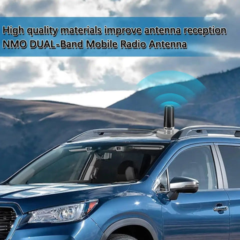 Dual Band Car Ham Radio Antenna With NMO Mount on car roof, 9 cm design, enhancing VHF UHF signal for vehicles, landscape background.