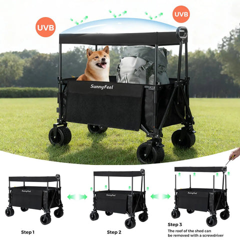 3 In 1 Collapsible Wagon With Canopy, All Terrain Wheels, 230L Capacity, 220 Lbs Load, Removable Shade Canopy, Foldable Utility Cart For Camping, Fishing, Garden And Sports, Black.