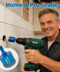 LITDDDW 10-pack diamond hole saw kit; blue core bit attached to green drill, drilling tile.
