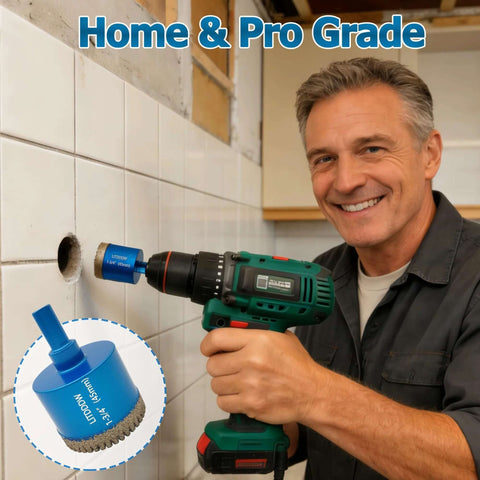 LITDDDW 10-pack diamond hole saw kit; blue core bit attached to green drill, drilling tile.