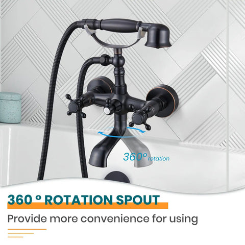 Oil Rubbed Bronze Wall Mount Clawfoot Bathtub Faucet With Handheld Sprayer, 360 Degree Swivel Spout installed on white tile wall