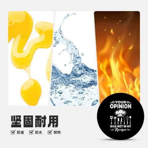 Funny Kitchen Quote Round Acrylic Fridge Magnet Decor 2.3 Inch Clear Front With Soft Backing next to oil, water, fire graphics.