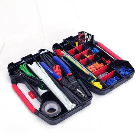 WORKPRO electrical repair kit with crimp terminals, wire connectors, heat shrink tubing in a black organizer case