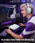 User with headphones and mic using Gaming Audio Mixer With 7 Point 1 Surround Sound, Volume Knob And Mute For Crisp Voice Chat