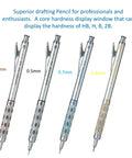 Ultimate Drafting Pencil Set With 0.3mm 0.5mm 0.7mm And 0.9mm Leads, four pencils with silver finish and hardness display.