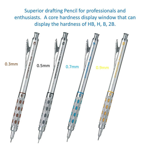 Ultimate Drafting Pencil Set With 0.3mm 0.5mm 0.7mm And 0.9mm Leads, four pencils with silver finish and hardness display.
