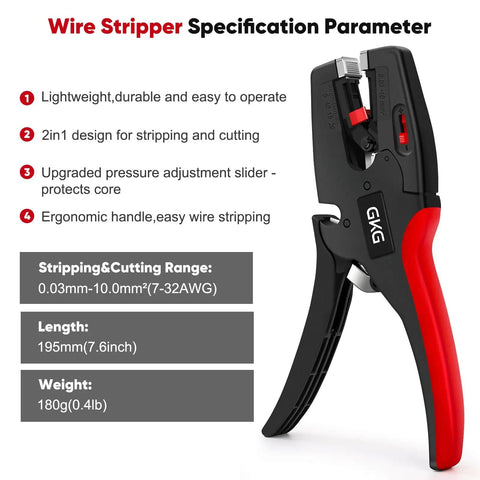 Automatic Wire Stripper With Cutter 2 In 1 Self Adjusting Electrical Stripping Tool For 7-32 AWG Wires with specifications display
