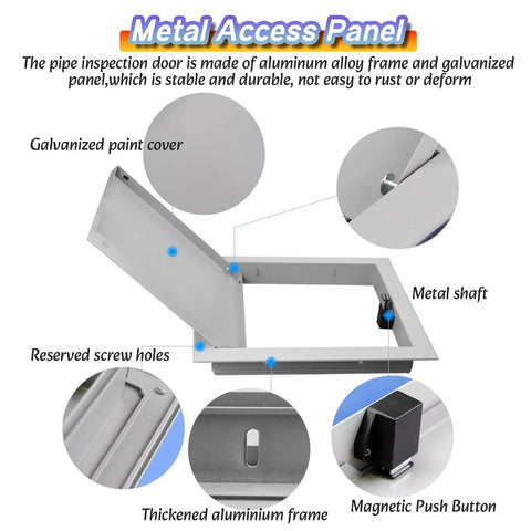 Rock Solid Light Gray Access Panel For Drywall And Ceiling Hatches Rust Resistant Galvanized Steel Inspection Door Hatch with metal shaft and screw holes.