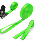 Green slackline kit with training line, tree protectors, and ratchet for easy setup. Perfect for family outdoor balance training.