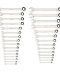 30 Piece 12 Point Ratcheting Wrench Set SAE And Metric 1/4 To 1 Inch And 8-24 mm With Wrench Racks