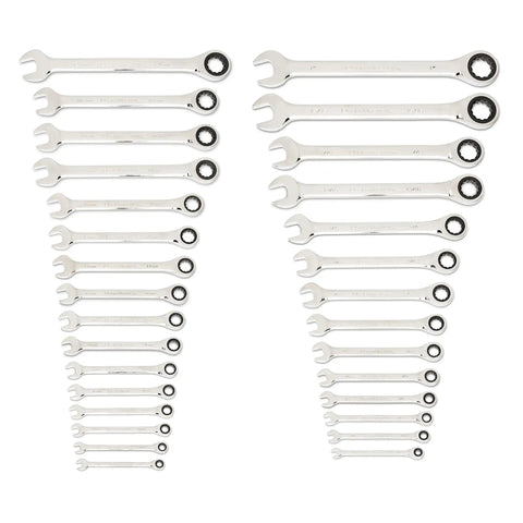 30 Piece 12 Point Ratcheting Wrench Set SAE And Metric 1/4 To 1 Inch And 8-24 mm With Wrench Racks