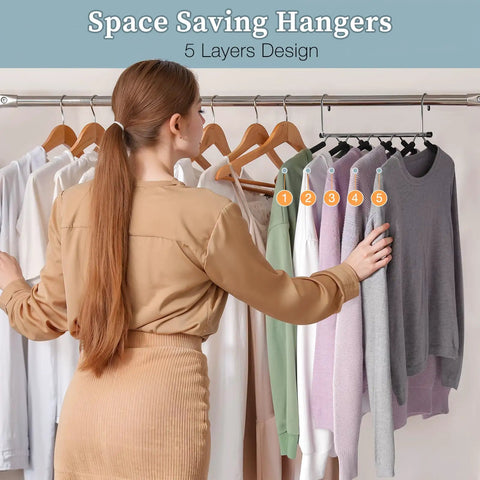 Space Saving 5 Layer Non Slip Shirt Hangers Kit For Closet Organization with sweaters on hangers, black, 2 pack