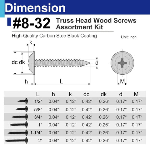 Dimensions of Top Notch Black Truss Head Wood Screws Assortment, 170 Piece Self Tapping Carbon Steel Kit.