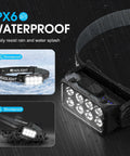 Rechargeable Headlamp Flashlight Two Pack 8 LED 2500 Lumen Ultra Light Bright Headlight shown with IPX6 waterproof feature