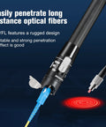 Visual fault locator for fiber optics; black handheld unit with blue connector and yellow fiber, red light beam