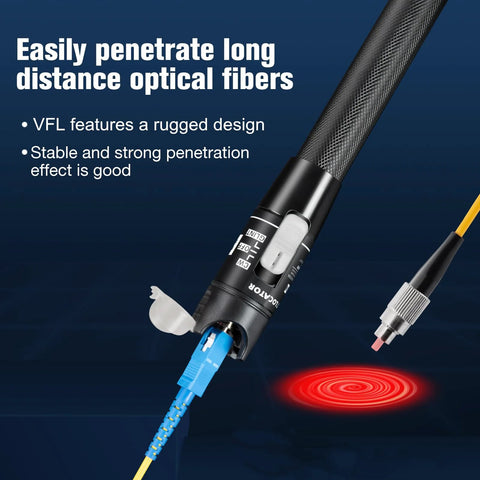 Visual fault locator for fiber optics; black handheld unit with blue connector and yellow fiber, red light beam