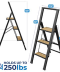 3 Step Folding Step Ladder With Bamboo And Black Aluminum Dope Ultra Slim Profile Non Slip Treads Lightweight Yet Durable For Home Office Kitchen Photography And DIY Projects Portable, 50in tall, 250 lb capacity