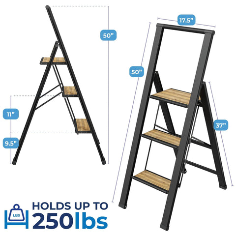 3 Step Folding Step Ladder With Bamboo And Black Aluminum Dope Ultra Slim Profile Non Slip Treads Lightweight Yet Durable For Home Office Kitchen Photography And DIY Projects Portable, 50in tall, 250 lb capacity
