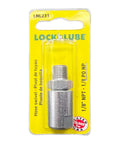 Front view of LockNLUBE LNL231 1/8 in NPT inline grease hose swivel in metal, on yellow blister pack