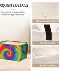 Hella Spacious Waterproof Storage Bin With Rainbow Tie Dye Design and Secure Carry Handles for clothing sorting, showcasing water-repellent fabric.