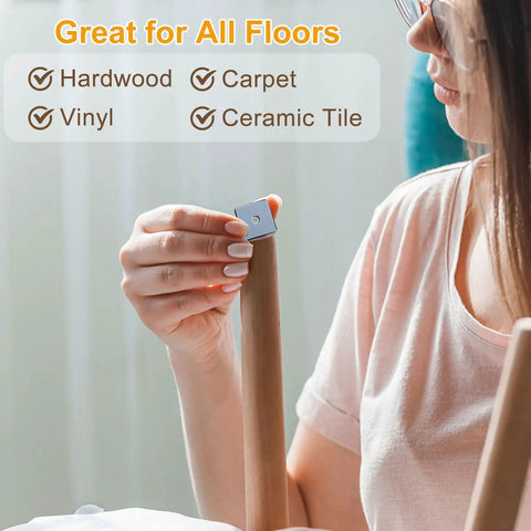 Person installing Four Pack Blue Square Furniture Slider Pads Two By Two Inch Screw On Floor Glides For Carpet Hardwood Floors.