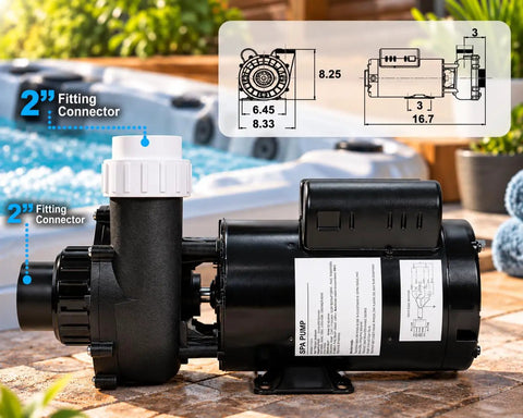 Heavy Duty 2HP Spa Hot Tub Pump Delivering Hella Smooth Dual Speed Flow And Knockout High Output Performance Plus No Hassle Side Discharge Build And Included Plumbing Connections For All Day Quiet Circulation with 2 inch fitting connectors.