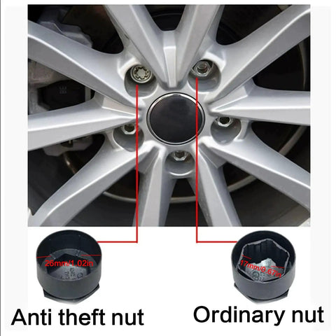Audi Lug Nut Covers And Wheel Center Caps Kit With Tire Screw Caps 24 Piece Set Plus Disassembly Tool Grey, on wheel with anti-theft cap.