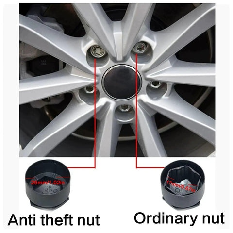 Wheel Center Caps And Lug Nut Covers Kit For Audi With Tire Screw Caps Anti Theft Bolts 24Pcs Plus Disassembly Tool For A1 A3 A4 A5 A6 A7 A8 Q2 Q3 Q5 Q7 S5 TT No Fuss Rust Resistant Protection For All Audi Models image showing anti-theft and ordinary nut sizes